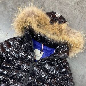 Moncler Longue Saison Down Coat Black Glossy Fur Hood Womens Size 0